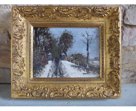 A 19th century French Snow scene impressionist oil painting on panel - indistinctly signed - 15 cm x 21 cm