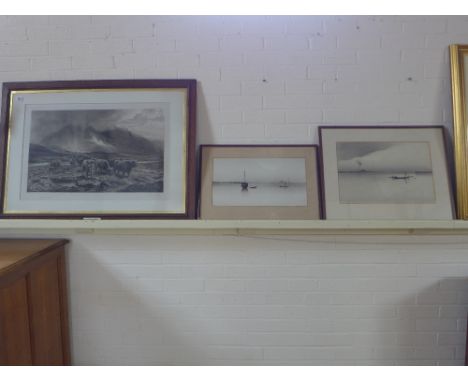 A large Highland scene - Cattle to fore - Louis B Hurt signed in pencil to margin  - A passing shower - 103 cm x 76 cm - two 