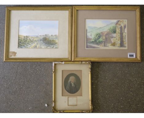 Two small watercolours by Sandy Lines - Dunkery Beacon and Farmyard at Loxhore Cottages - 12 cm x 18 cm - both generally good