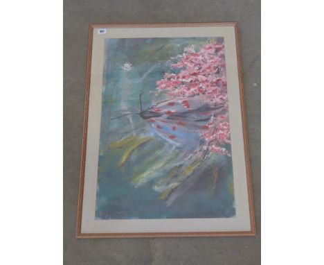 A mixed media - Butterflies and Blossom - signed K M M 1987 - 73 cm x 48 cm