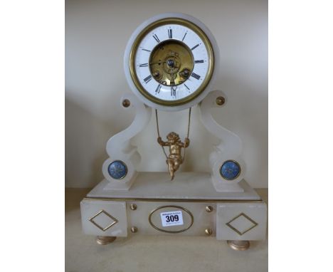 A late 19th century French Alabaster mantle clock with swinging cherub - strikes on a bell - 8 day movement - 34cm tall - wor