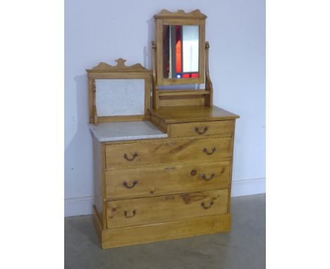 A late 19th century pine combination chest with dressing mirror and marble top and back washstand to the other half - three l