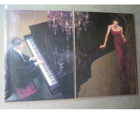 A pair of modern prints on hessian of a pianist and companion total 1.21m wide x 80cm tall in the style of vetlriano