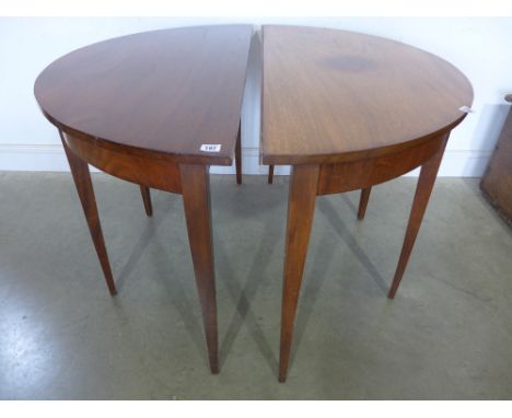 A pair of mahogany D end tables on square tapering legs - Width 1.09 m