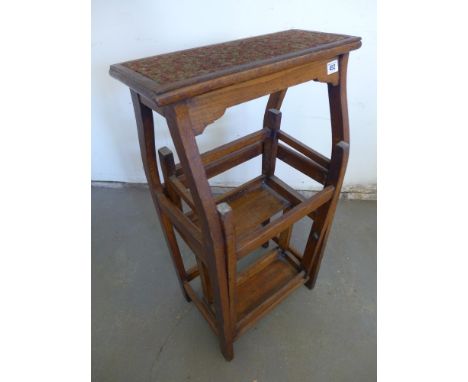 A metamorphic three step oak library step with a Wm Watkins of London label - Height 83 cm x Width 45 cm x Depth 29 cm 