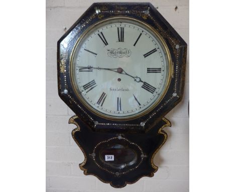 An 8 day fusee movement drop case wall clock with papier mache case - Marshall Sunderland - 66cm tall - working
