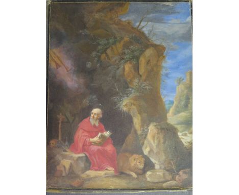 A detailed watercolour laid on panel of St Jerome in the Wilderness, sitting in his Cave with a Lion - 19 cm x 15 cm - label 