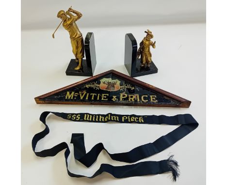 Mixed colletables to include;Vintage Golf Bookends (painted bronze), McVite & Price glass advertising sign (was previously at