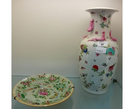 Large Chinese hand painted porcelain Canton Vase [36cm] Together with a 19th Century  Chinese Cantonese celadon plate[25x25cm