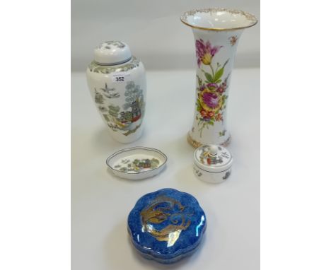 Dresden porcelain spray vase, Vintage Wedgwood Chinese Legend lidded vase, bon bon dish and tray. Together with a Wedgwood lu