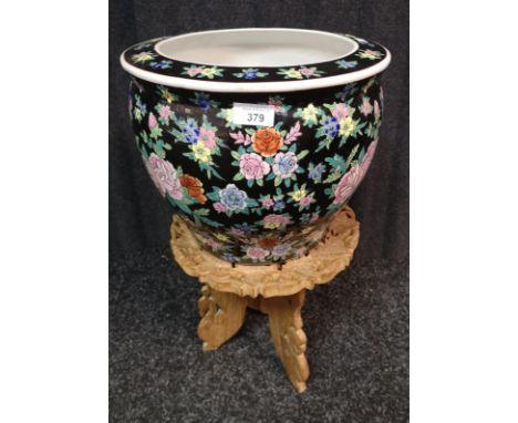 Hand Painted Large Chinese's Planter, with ornate carved Indian Wooden Stand.