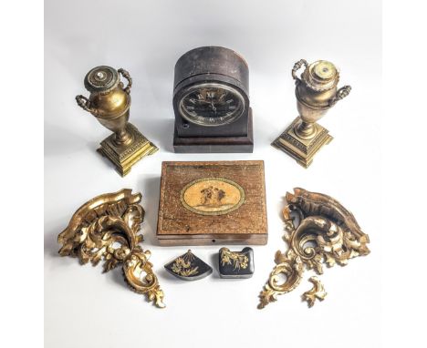 A collection of odds to include jewellery and trinket boxes. A mantle clock, a pair of urn lamp bases and two small console s