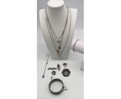 Selection of silver to include Bangle bracelet Necklaces, and Scottish Broaches, combined weight 94g