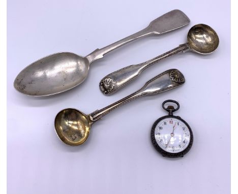 Three silver spoons together with silver hallmarked pocket watch Weight - 114g