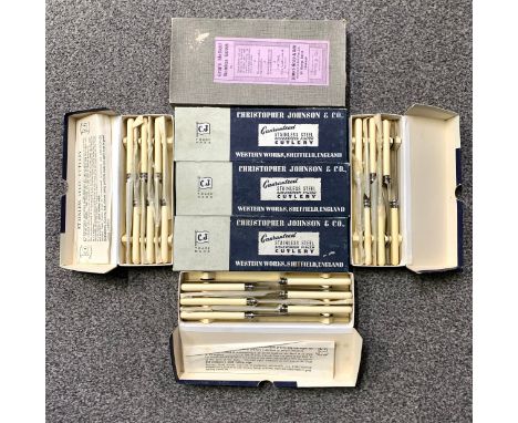 A large mixed collection of vintage household cutlery. To include 7 new old stock boxed knives and a box of four Irish Linen 