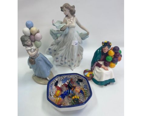 Lladro balloon figure, Royal Doulton Balloon Seller, Lladro lady figurine together with hand painted bowl and glass sweets