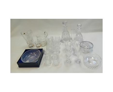 Mixed lot of crystal to include brandy glasses, decanters, glass jug and bon bon dishes