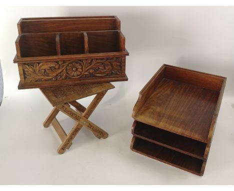 Desk set in carved hardwood, to include filing trays, desk organiser, small ornate carved table and a telescope in a fitted w