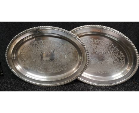 Two Salmon Platters, etched with "LOCHINVAR THE Salmon of Scotland" With Three Salmon Plates and Two Vintage Glass Serving Pl