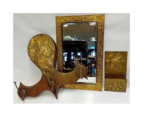 Vintage brass plated stag head coat hanger, gilt framed mirror and wall hanger