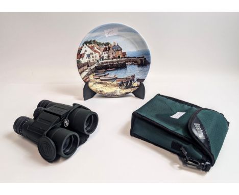 A set of quality Bushnell binoculars in case, together with, Poole Pottery, Crail harbour view plate and stand.