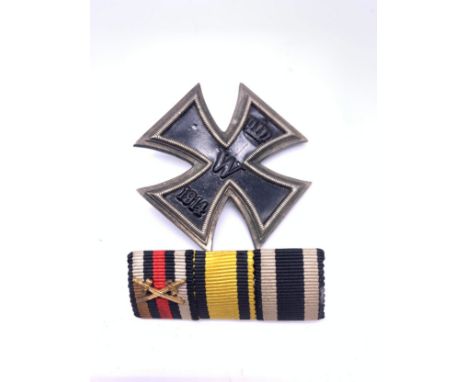 WW1 German iron cross 1914 first class EK1 badge inscribed Olt von Braun 1Komp, I.Fussgatrde Rgt Verdun 1916 with medal bar