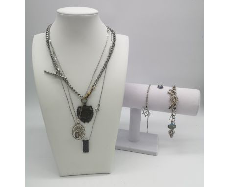Collection of Silver Chains, Fob Chain and Pendant Bracelet, Combined Weight, 80g.