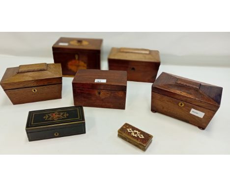 Collection  of wooden boxes to include antique tea caddies, trinket box, sewing box etc