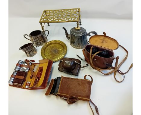 Box of collectable odds to include brass, plated ware, camera, binoculars and grooming set.