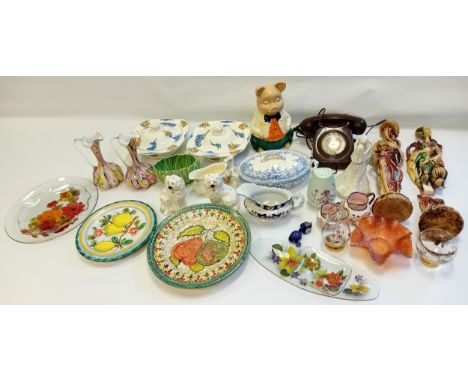 Two boxes of collectable odds to include glass ware, staffordshire dogs, vintage telephone, mixed poreclain etc