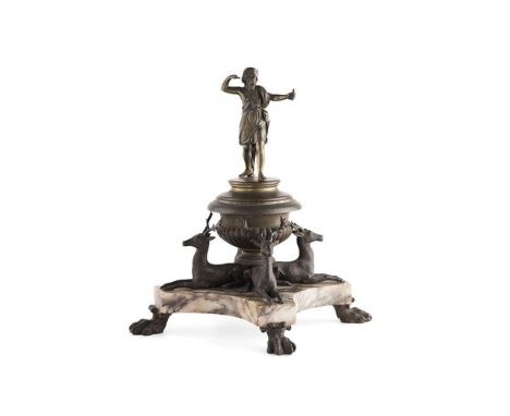 French Bronze &amp; Marble Table Inkwell - the lid with engine turned borders surmounted by a figure Diana the huntress, open