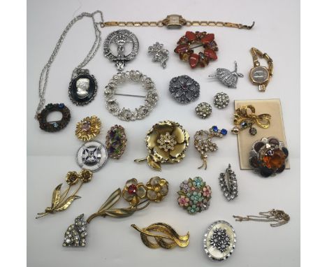 Collection of vintage Costume Jewellery and white metal Scottish and other brooches, also includes two rolled gold ladies wat