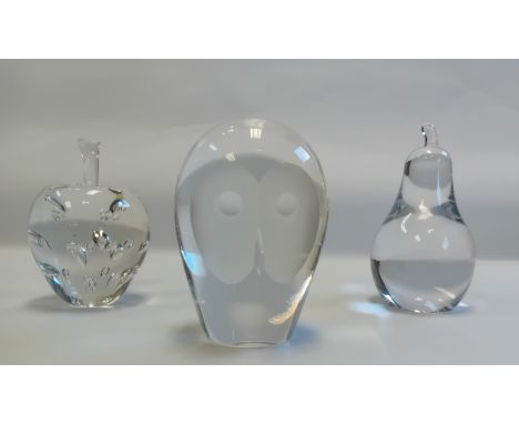 Swedish vintage glass owl paperweight signed H. Dreutler, together with pear and apple shaped paperweight