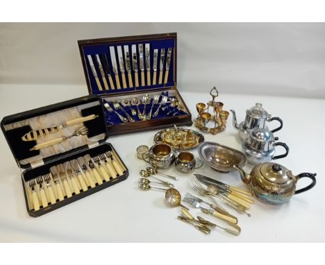 Collection of plated wares to include two canteen of cutlery, coffee pots, cruet set, fork, knives and spoons etc