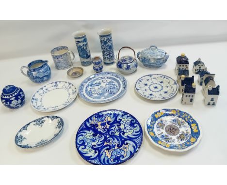 Large collection of blue and white porcelain ware to include plates, chargers, vases and vintage KLM Rynbende miniatures.