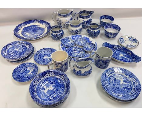 Collection of blue and white porcelain to include; Haddon Hall, Crown Derby, Copeland Spode etc