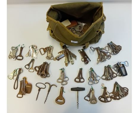 Bag of various vintage can openers, corkscrews and bottle openers