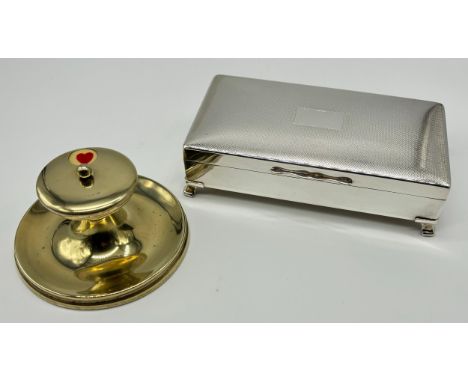 Aristocrat silver plated cigarette box by Harman Brothers together with Capstan form silver plated trump marker