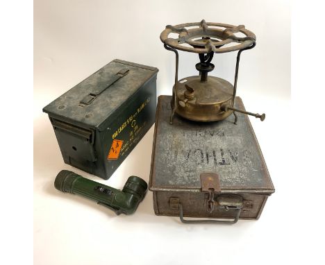 A box of collectable odds including a Primus Stove, a working bus conductors ticket machine, an empty military ammunition box