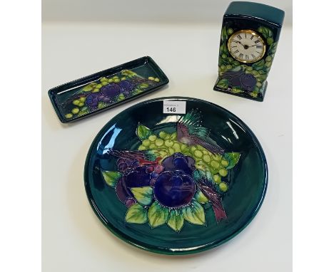 William Moorcroft Green Finches and plum plate, dish and clock