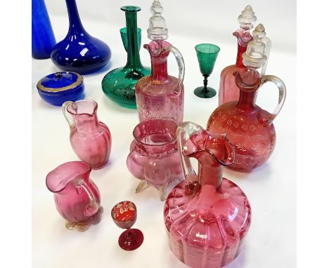 Collection of coloured glass; Antique Cranbury glass decanters, crystal vases, Bristol Blue Port Decanter and flagon, Bristol