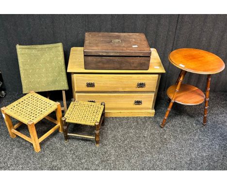 A Reproduction set of drawers, two vintage woven wicker rattan stools, a plant stand etc