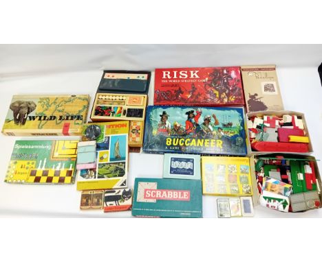 Large collection of vintage games;Scrabble, Wild Life, Risk, Buccaneer, Memory, Two boxes of lego etc