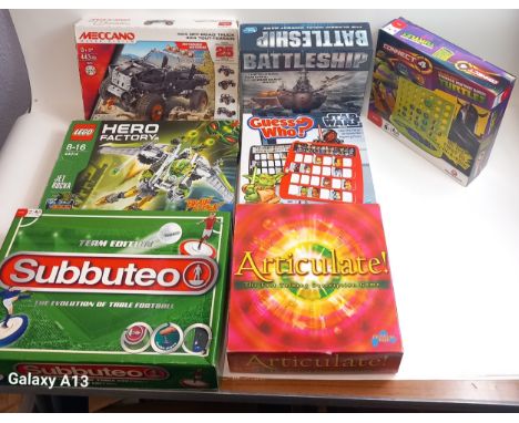 Collection of Seven Collectable Games, To Include Guess Who, Battle Ships, Connect 4 Turtles, Hero Factory Lego, Subbuteo Tea