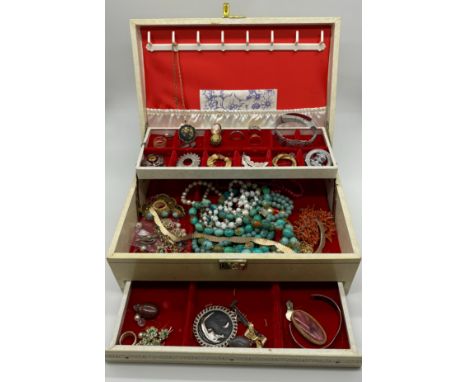 Collection of Vintage Silver and Costume Jewellery in box, to include brooches beads, badges and bracelets.