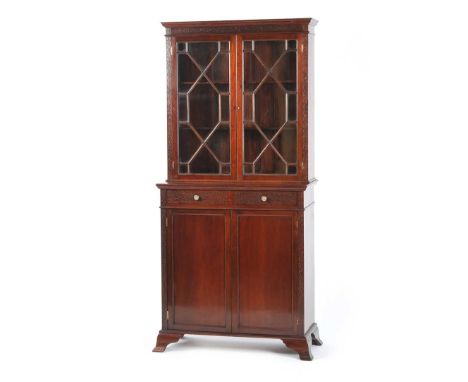 EDWARDIAN MAHOGANY TWO DOOR ASTRAL GLAZED BOOKCASE FITTED WITH TWO DRAWERS AND TWO CUPBOARDS BELOW ON BRACKET FEET HEIGHT: 78