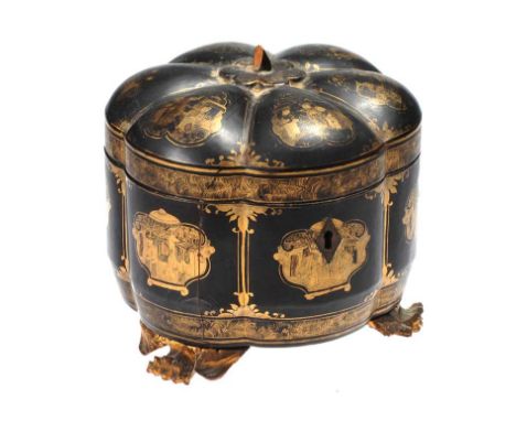 JAPANESE LACQUERED TEA CADDY WITH ENGRAVED PEWTER LINER ON THREE PAW FEETHEIGHT: 5.5 INCHES DIAMETER: 6 INCHES DAMAGE TO TOP,