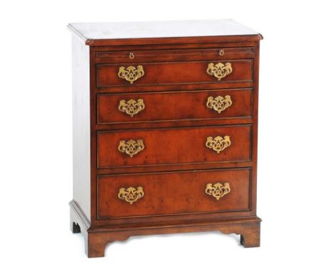MAHOGANY FOUR DRAWER CHEST WITH BRUSH SIDE AND BRASS DROP HANDLES ON BRACKET FEET HEIGHT: 29 INCHESWIDTH: 24 INCHES DEPTH: 15
