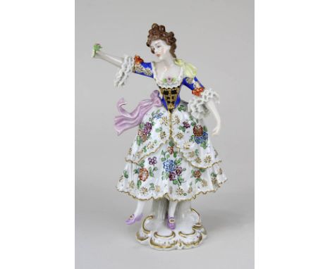 Porzellanfigur Feine Dame mit Blume in der Hand, Hersteller Gebrüder Voigt, Sitzendorf Thüringen um 1900, Porzellan, weißer S
