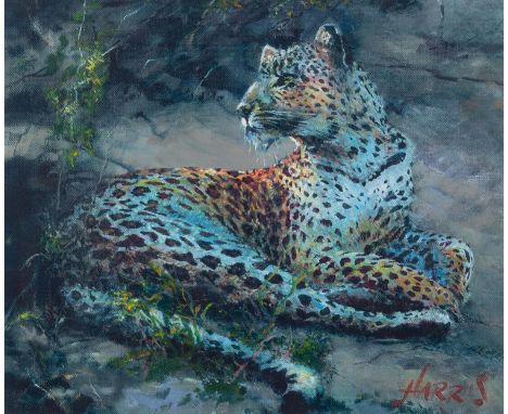 ROLF HARRIS (b.1930) ARTIST SIGNED LIMITED EDITION COLOUR PRINT ON PAPER ?Leopard Reclining at Dusk?, (63/195), with certific